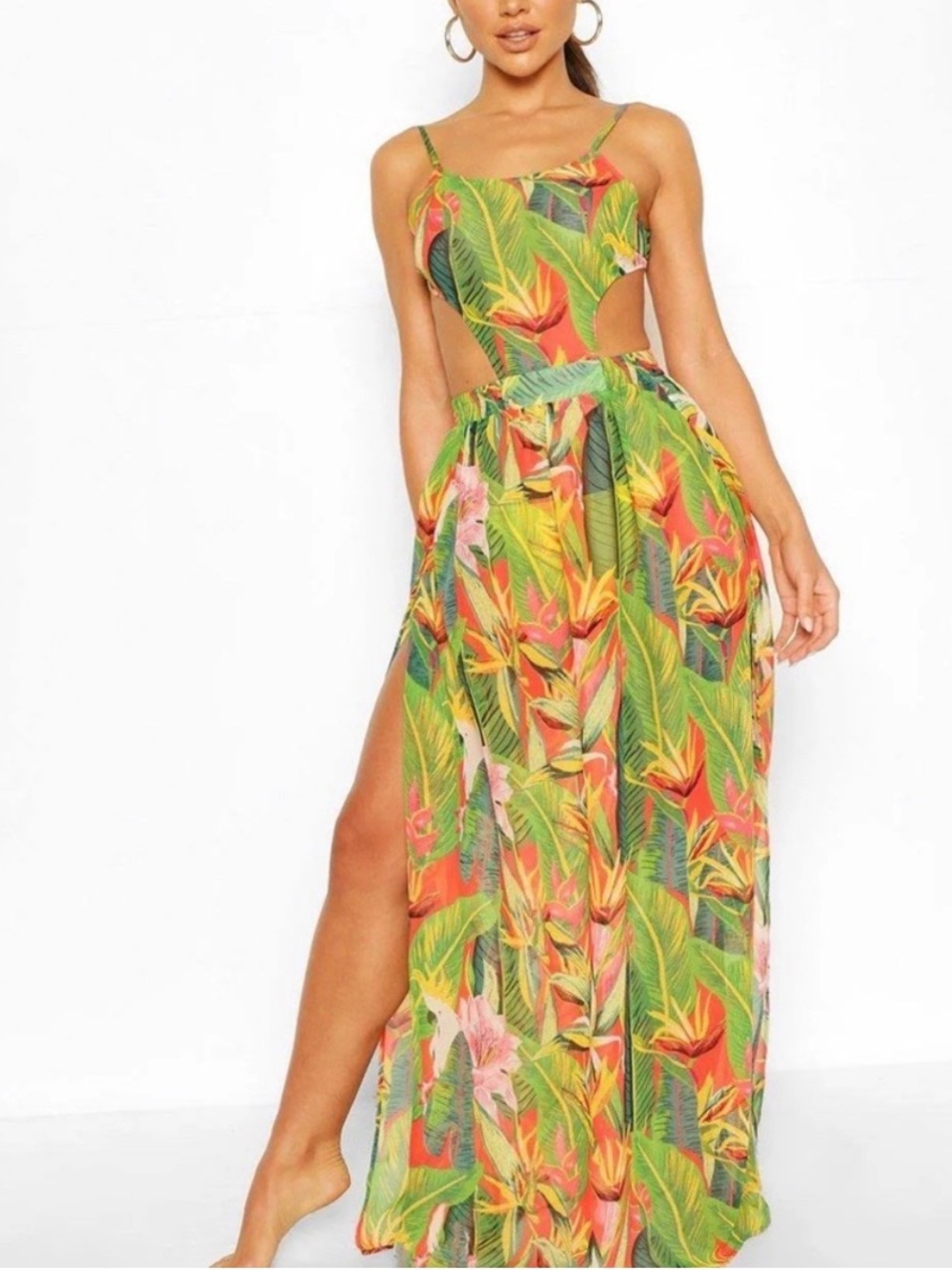 Boohoo Green, Pink & Yellow Tropical Print Maxi Dress